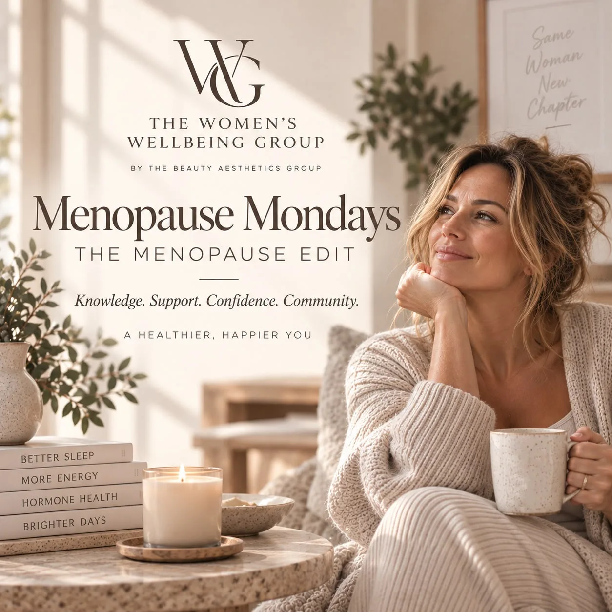 Menopause Mondays: The Menopause Edit: a woman relaxing with a mug of tea in soft morning light