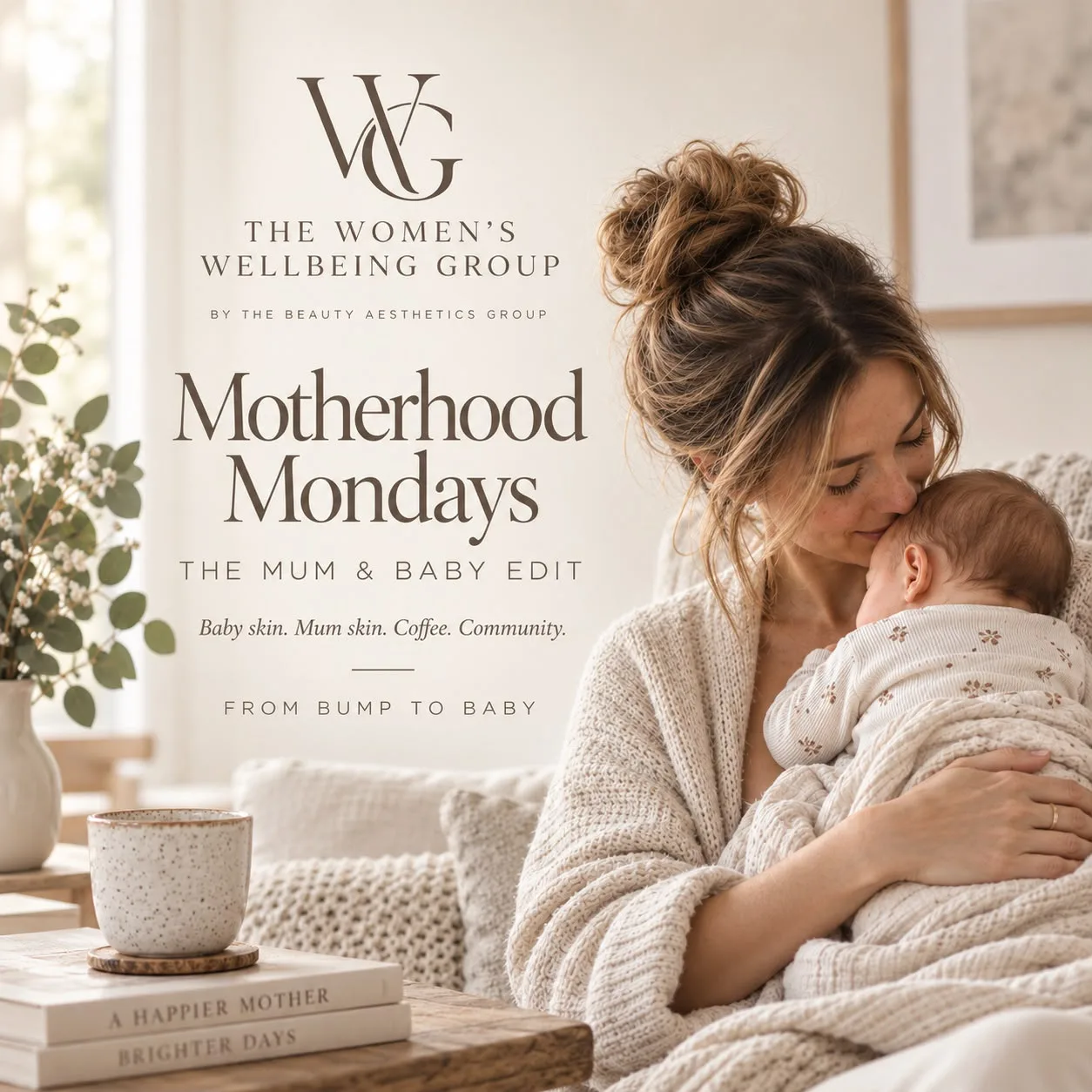 Motherhood Mondays: The Mum & Baby Edit: a mum cradling her baby in a calm, sunlit living room