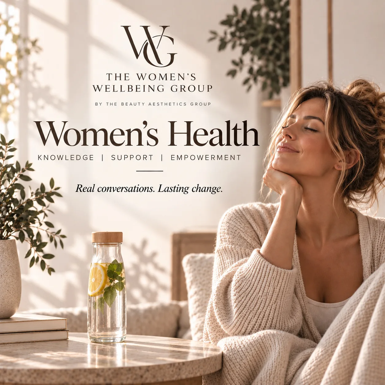 Women’s Health: a woman resting her chin on her hand in soft morning light, a jug of lemon water beside her